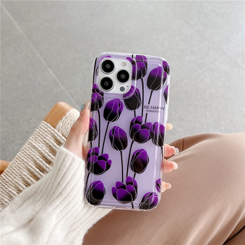 Soft Case TPU Motif Bunga Tulip / Beruang / Pelangi Untuk IPhone 14 13 12 11 Pro Max