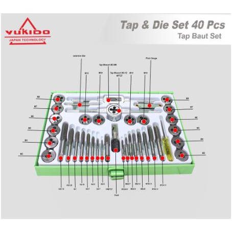 Tap Die Set Alat Snai dan Tap Ulir Dart Mur Baut Alat Senai 40pcs Senei Die Senei Kualitas PREMIUM YUKIDO JAPAN