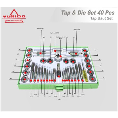 Tap Die Set Alat Snai dan Tap Ulir Dart Mur Baut Alat Senai 40pcs Senei Die Senei Kualitas PREMIUM YUKIDO JAPAN