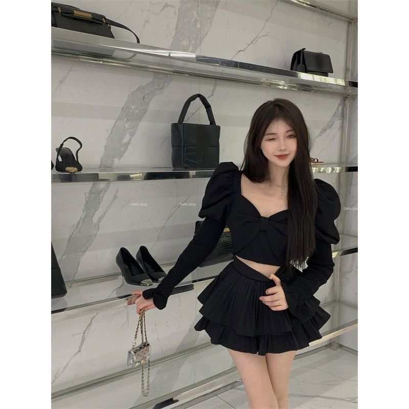 Suhao Bahasa Perancis Musim Gugur Fashion Slim Lengan Panjang Kemeja Wanita + High Waist Slim A-line Lipit Rok Fashion Dua setelan Jas