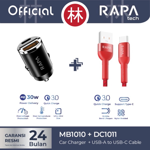 RAPAtech MB1010 &amp; DC1011 - PD30W Car Charger &amp; USB-A to USB-C Cable QC