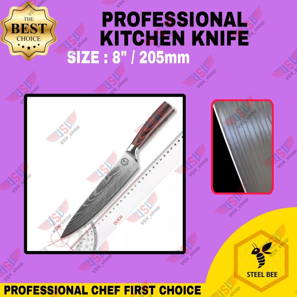 Steel Bee Pisau Dapur Gagang Kayu Premium Chef's Knife 8&quot; Tahan Karat