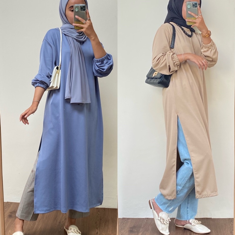 RAABIHA | Emily Longtunik Knit | Tunik Knit Salur | Tunik Belah Knit | Baju Tunik Oversize