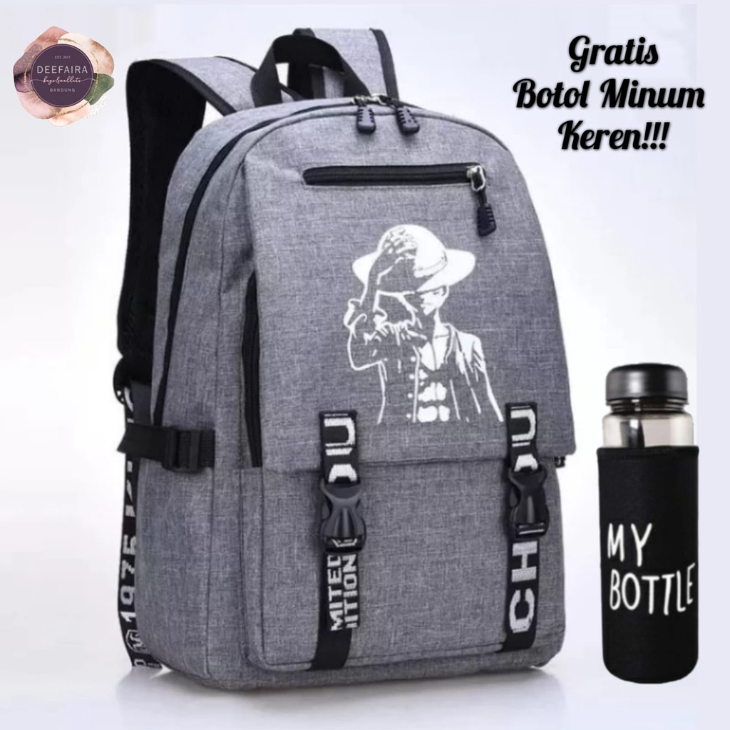 Tas Ransel Sekolah Remaja Mugiwar4 N0 Luffy 0ne P1ece Gratis Botol Minum Untuk Tk Sd Smp