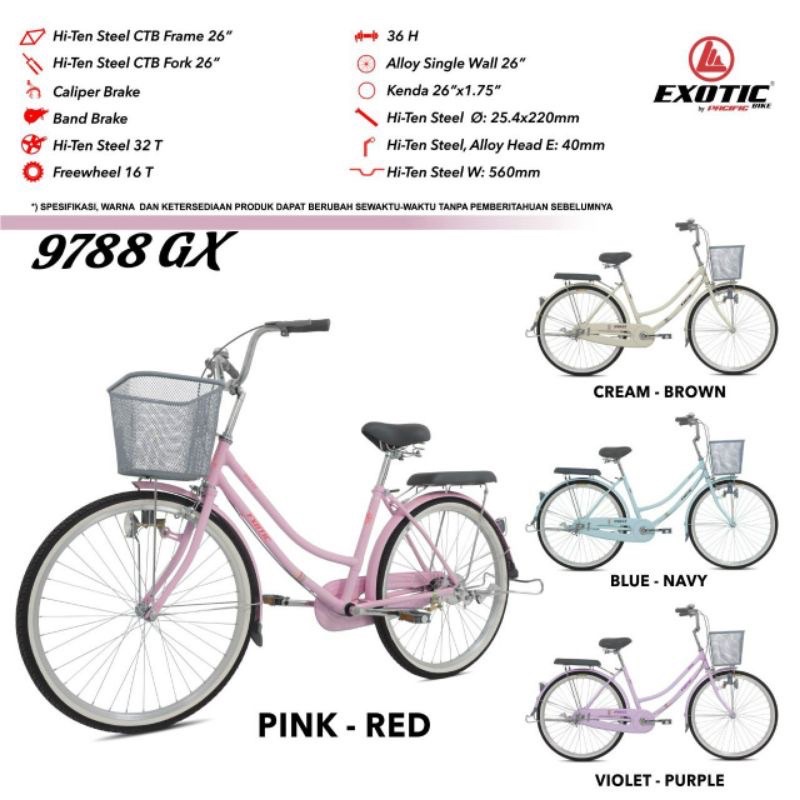 Sepeda Mini Keranjang Dewasa Perempuan EXOTIC 9788 GX Ukuran 26Inch Cocok untuk bersepeda santai dip