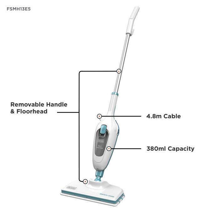 Black+Decker Steam Mop Cleaner Pel Uap 1300W (Fsmh13E5-B1)
