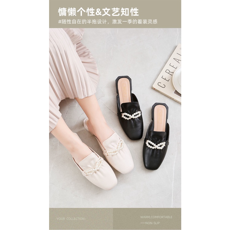 Gobra ♕ SA029 Sandal Wanita Mutiara Trend Flat Fashion Kasual Simple Sendal Wanita Import