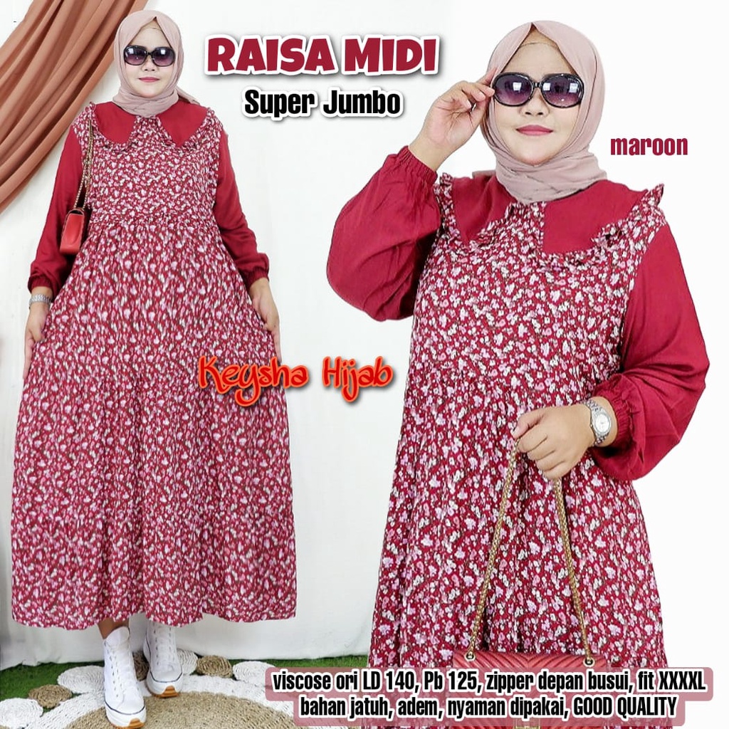 raisa dress dres midi pakaian baju atasan longtunik gamis selutut motif rayon super jumbo ld 140 xxx