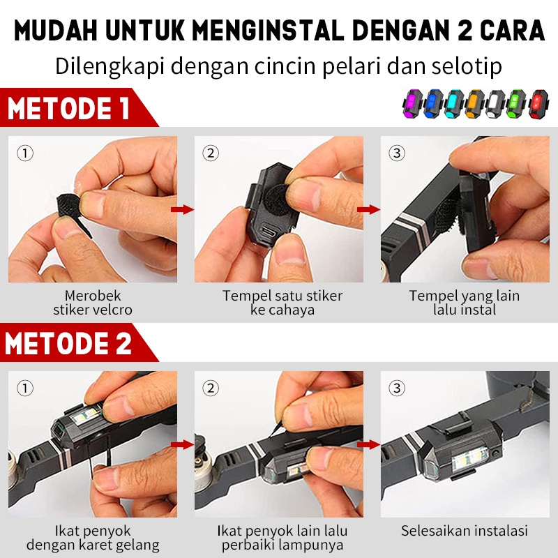 Lampu Strobo LED 7 Warna Universal Anti TabraKan Untuk Motor/sepeda/drone/pesawat Multi Mode Dengan Port Charger USB Lampu LED Kedip  Aircraft Anti Air Lampu LED Model Pesawat
