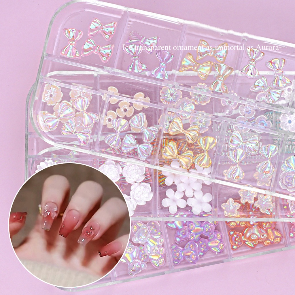 Hiasan Kuku 3D Bentuk Pita / Beruang /Camellia Glitter Untuk Nail Art / Manicure DIY