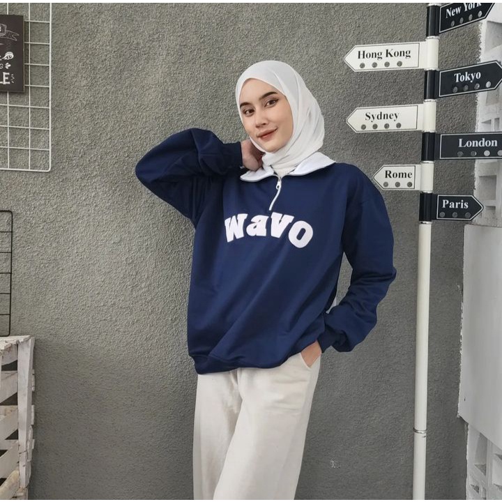 Sweater Crewneck WAVO COLAR Atasan Jacket Pria Wanita Look Kasual Santai Fashionable Korean Style