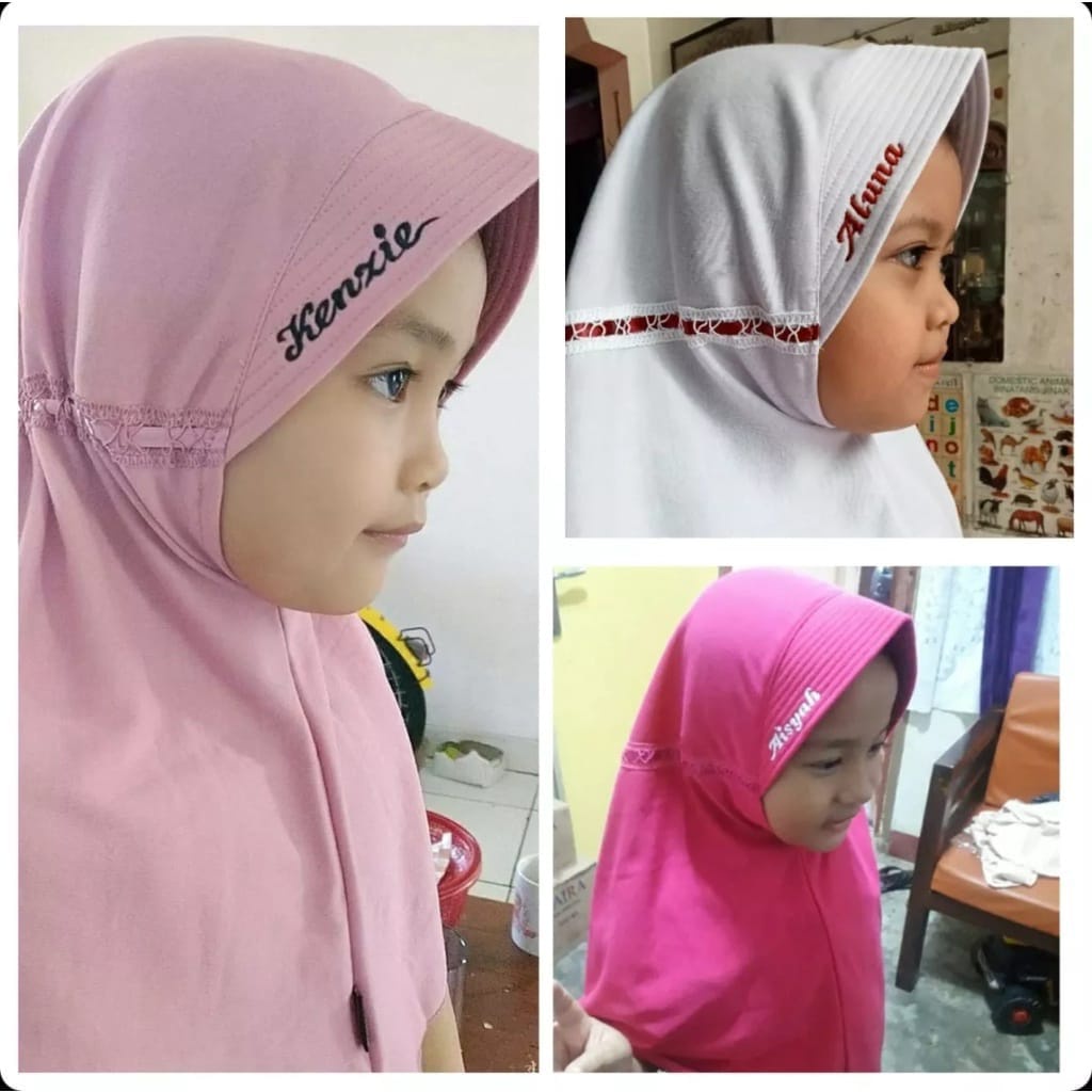 Kerudung Jilbab Hijab Ciput Khimar Sekolah Anak Pita Serut Request Bordir Nama Suka-Suka