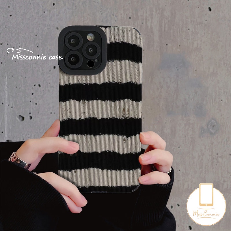 Soft Case Silikon Tekstur Kulit Garis Hitam Putih Tahan Banting Untuk iPhone 7Plus 8Plus 11 14 13 12 Pro Max XR X XS Max 7 8 Plus