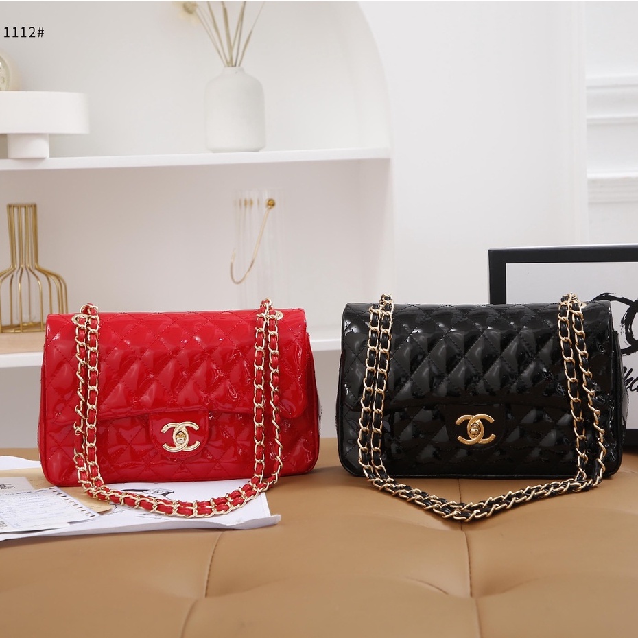 CH Quilted Patent Leather Classic Medium Double Flap Bag #1112