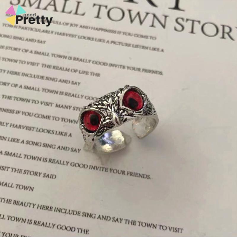 Kristal Vintage Style Burung Hantu Cincin Perak 925 Pria Wanita Punk Crystal Rings Adjustable Size - PD