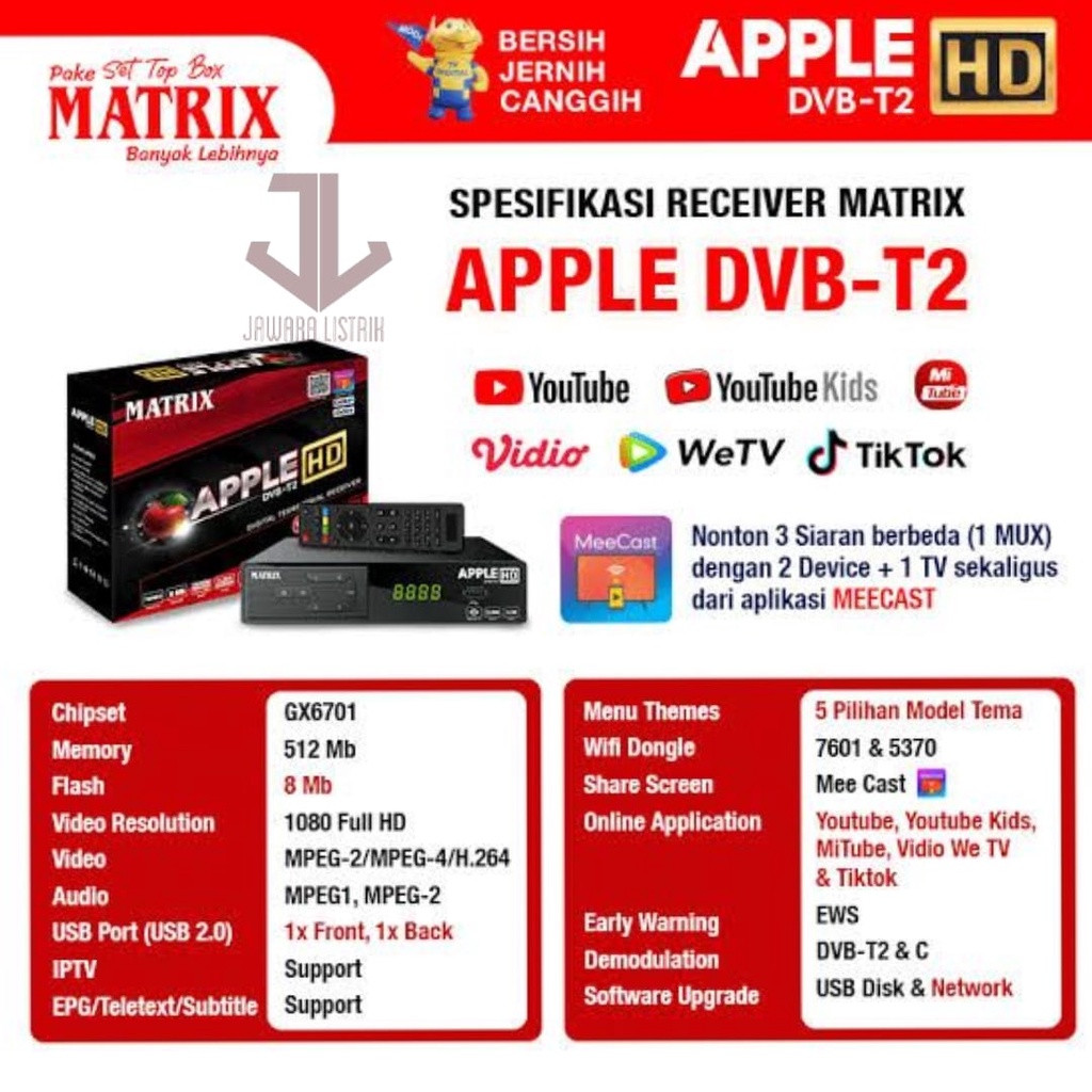 MATRIX APPLE HD SET TOP BOX STB DVB-T2 ANTENA DIGITAL RECEIVER MERAH