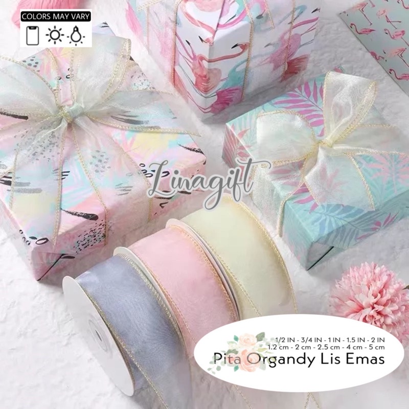 ( Rol 50 Yard ) PITA ORGANDI LIS EMAS 12MM 1/2INCH 1.2CM - ORGANDY TRANSLUCENT CHIFFON SILK ORGANZA GIFT RIBBON GOLD EDGE