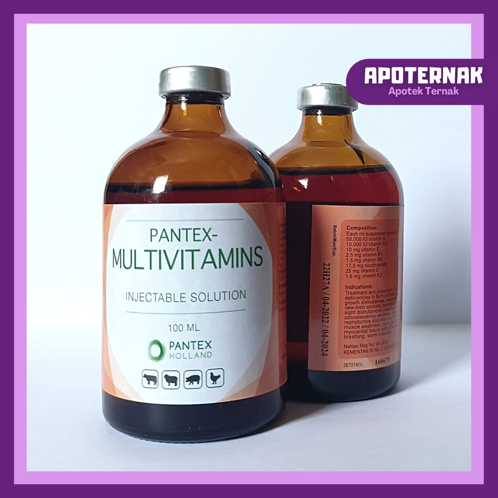 PANTEX MULTIVITAMIN | multivitamin injeksi vit A D3 E B1 B6 C dan K3 Untuk Sapi Kambing Kuda dll | 100 ml | Pantex Holland | Apoternak