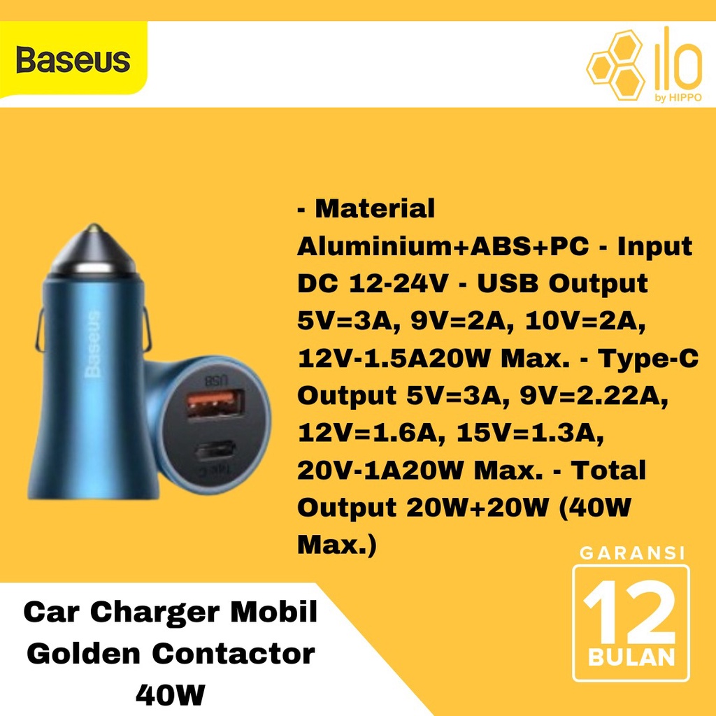 Jual Baseus Car Charger Fast Charging Golden Contactor Dual Port USB A ...