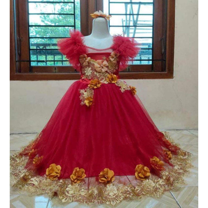 Dress Party Megar Brukat Golden, Dress Ulang Tahun Anak, Dress Natal