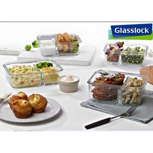 Glasslock  Kotak Tempat Makanan Kaca Tutup Plastik 670Ml Sekat Dua