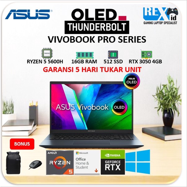 ASUS VIVOBOOK PRO OLED RTX 3050 4GB RYZEN 5 5600H 512SSD 16GB 120HZ W11+OHS