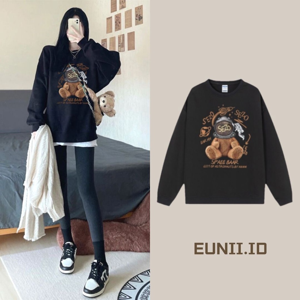 EUNII Sweater Lengan Panjang Cartoon Space Bear Korean Style/Hoodie Oversize/Baju Wanita/Switer Wanita