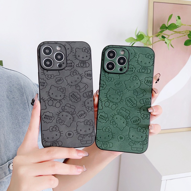 Cute HelloKitty Skin Feeling Full Screen Leather Hard Phone Case Untuk Iphone 7 8 14 Plus 7+ 8+ 14+ IP X Xr Xs Max Casing iPhone 11 12 13 14 Pro Max Sarung Handphone Shin Case