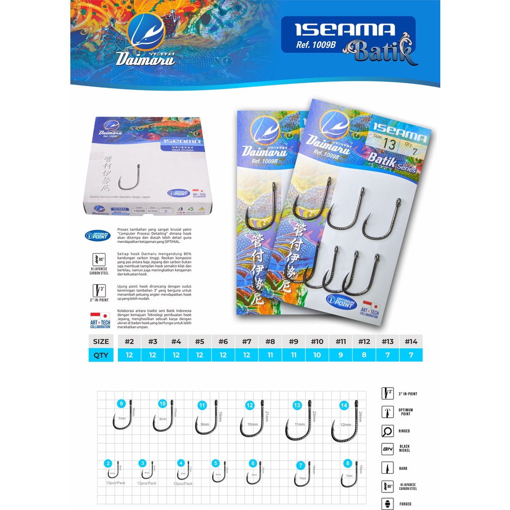 Hook/Kail Daimaru Iseama 1009B BATIK Series, Kail Carbon, Hook Carbon No 2 (kecil) - 14 (besar)