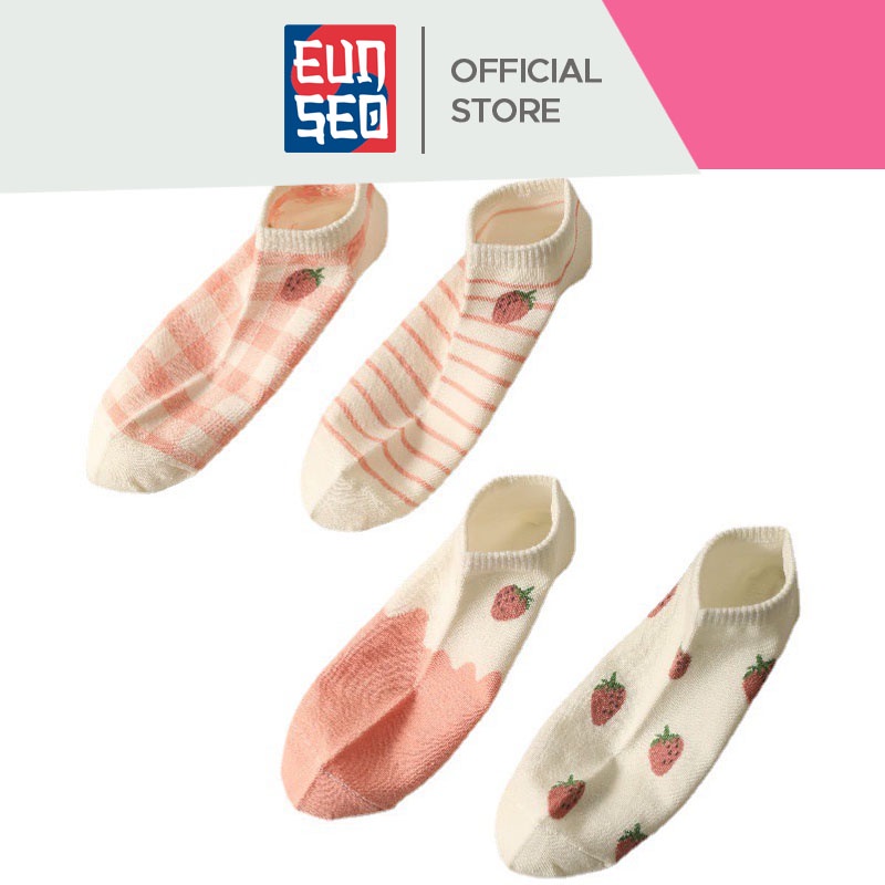 EUNSEO Kaos Kaki Semata Kaki Pendek Fashion Korea Motif Strawberry Merah Kaoskaki Pendek Wanita Premium