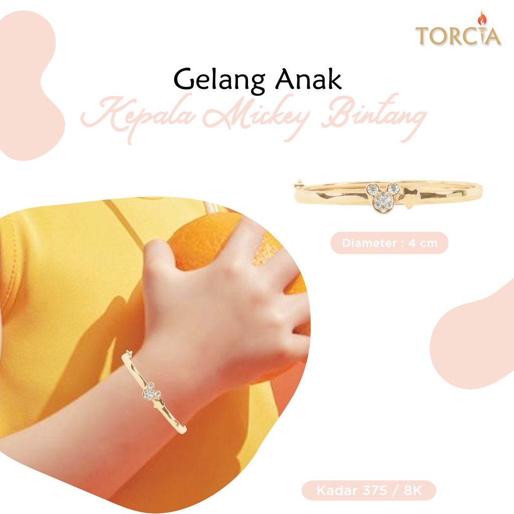 Gelang Bayi dan Anak Emas Asli Kepala Mickey Bintang Kadar 375 Torcia