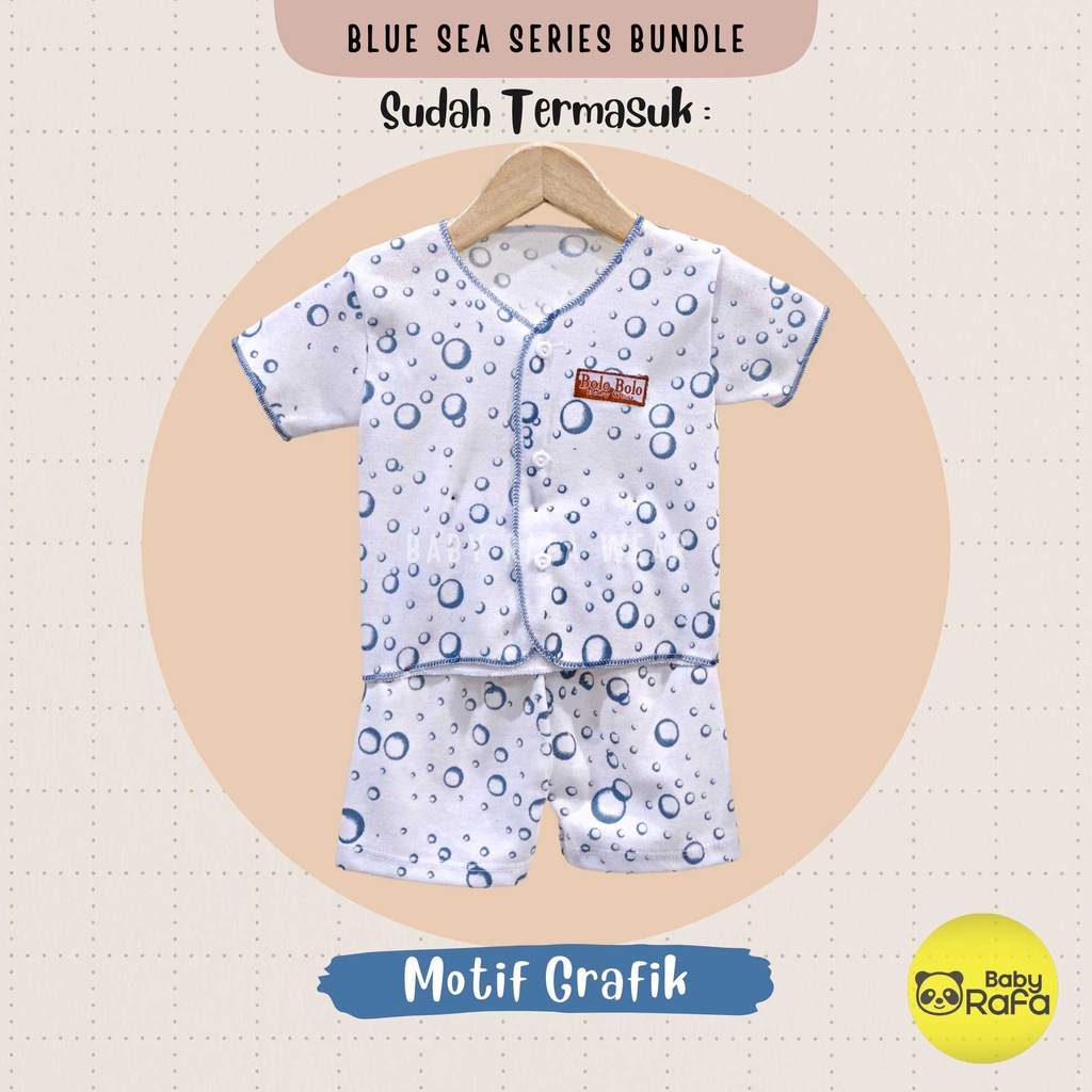 Serian Biru - 3 Stel Setelan Baju Bayi Tangan Pendek Celana Pendek Bayi Baru Lahir BLUE SEA SERIES SNI Bolo - Bolo