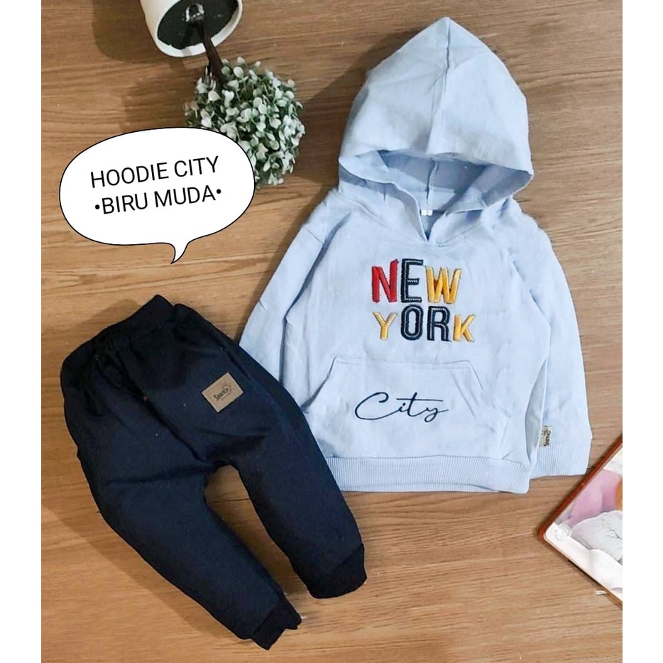 Setelan Baju Anak Bayi Laki-Laki Set Panjang Celana Panjang Model Hoodie Sweater Celana Joger Motif Bear USA City