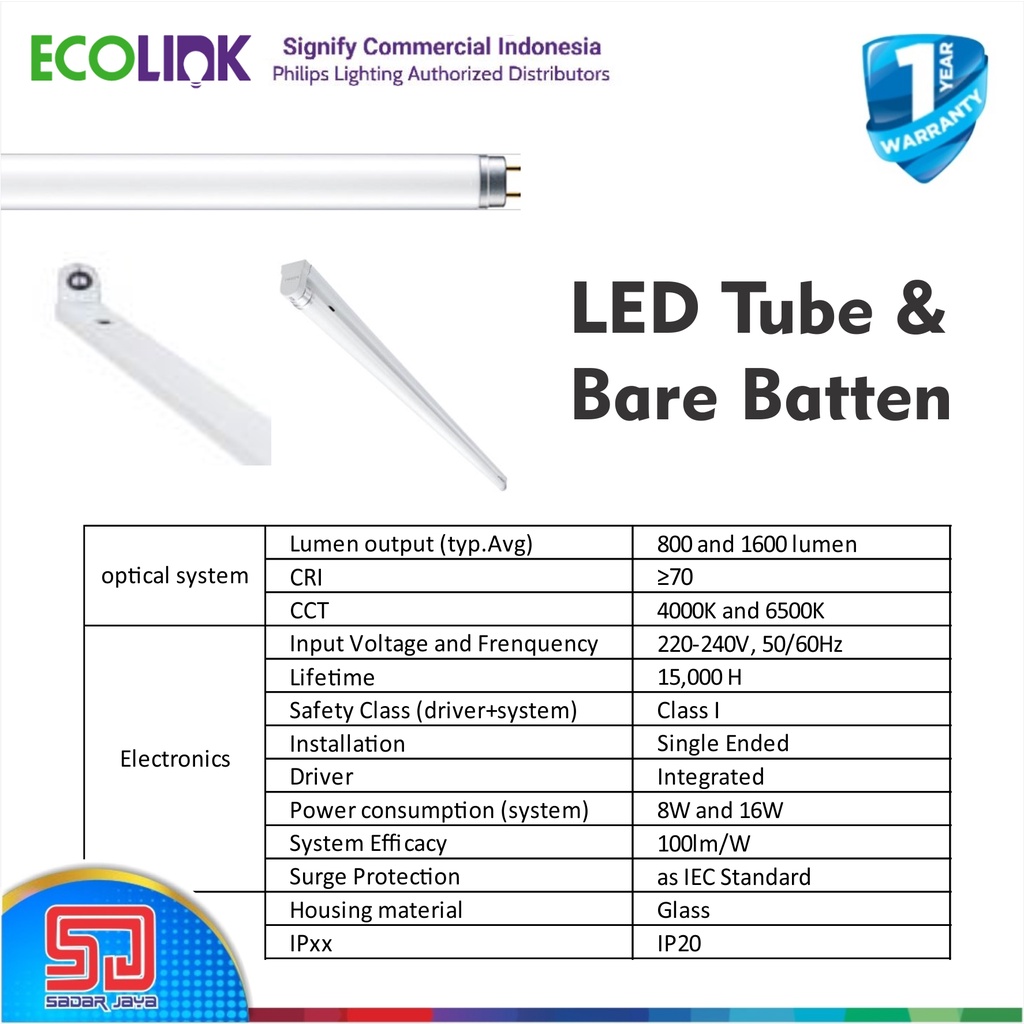 ECOLINK Lampu Neon 60cm 8W LED Tube 8Watt 8 Watt - 4000K Kuning Cerah