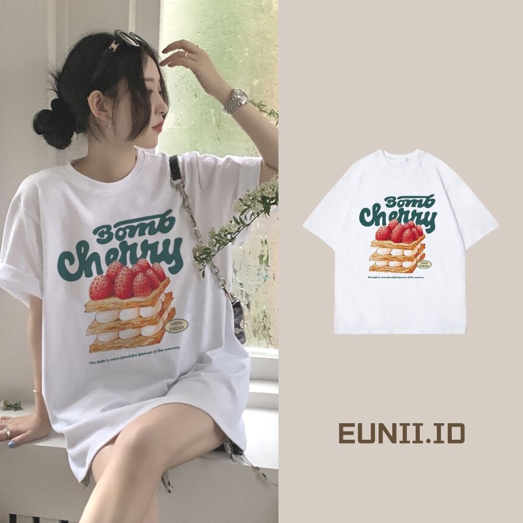 EUNII T-shirt Lengan Pendek Strawberry Cake Korean Style/Kaos Atasan Wanita/Baju Kaus Oversize Wanita/Kaos Wanita