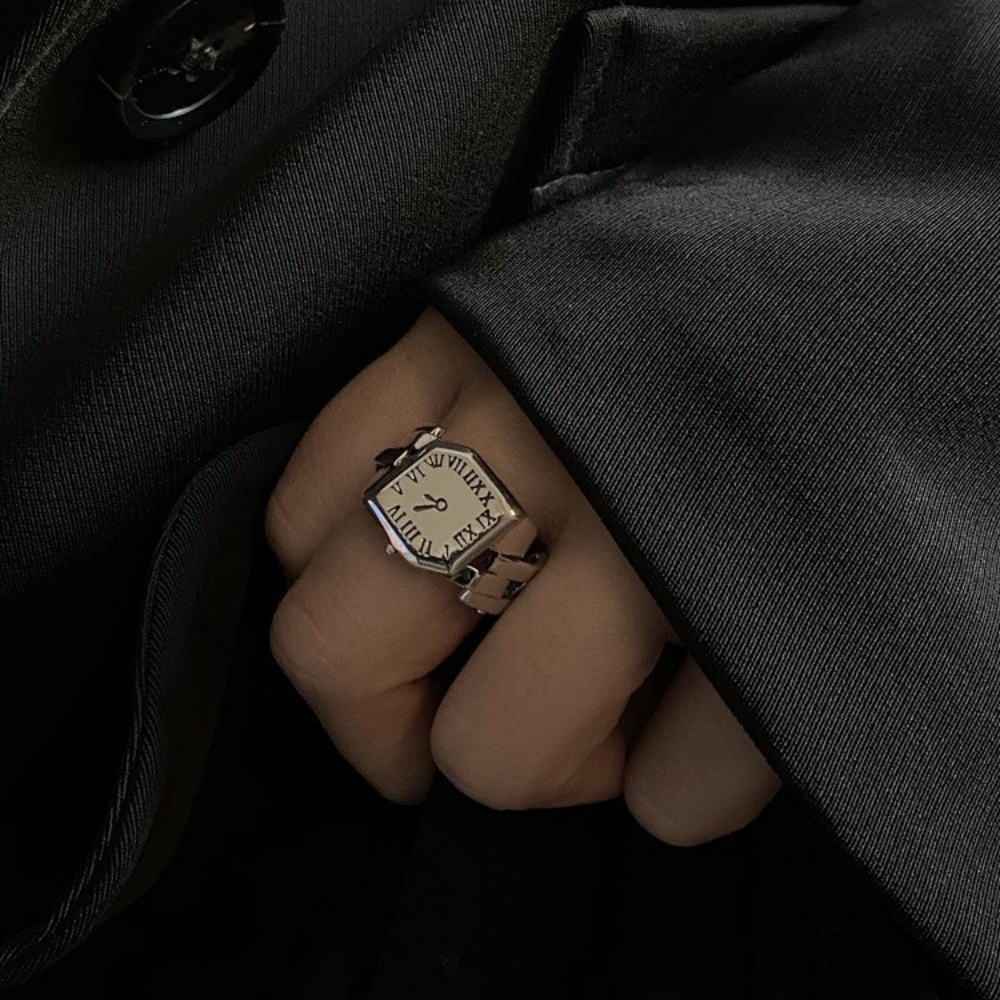 Cincin Model Terbuka Desain Jam Angka Romawi Gaya Retro Hip Hop Korea Untuk Wanita