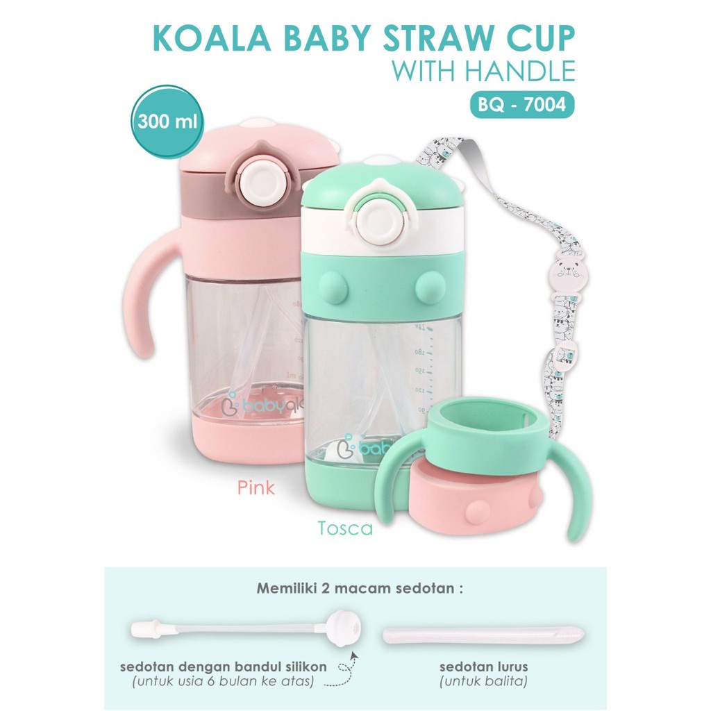 BabyQlo Koala Baby Tritan Straw Cup With Handle &amp; Strap 300ml Botol Minum Anak BQ-7004