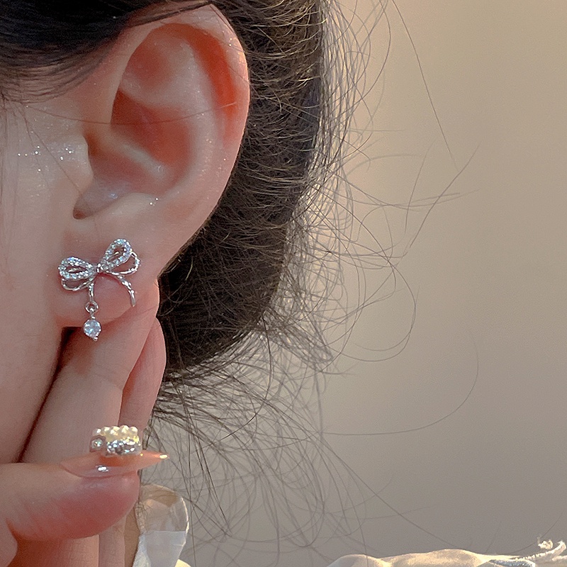 Anting Kristal Bersinar Elegan Lucu Busur Anting Perak Untuk Aksesoris Perhiasan Wanita Gaya Korea