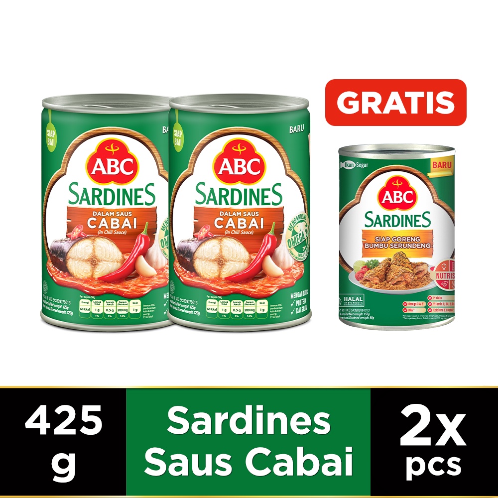 

ABC Sarden Cabai 425g 2pcs (Free Sarden Siap Goreng Bumbu Serundeng 155 g)
