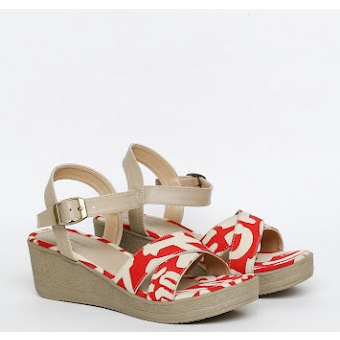 Sepatu/Sandal Wedges Wanita Denada Strappy Sandals in Canvas Red Merah