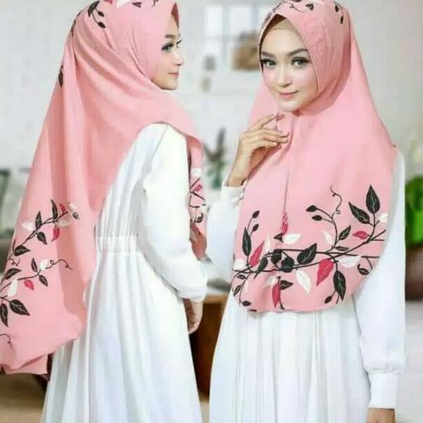 Hijab ORI Khimar Oval Printing Motif Daun Naura Syari - Navy