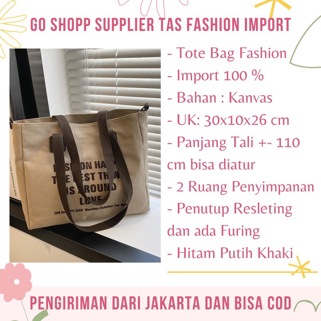 Tas Tote Bag Wanita Kanvas Resleting Import Fashion Korea Terbaru Kekinian - Totebag Selempang Aesthetic Kuliah Kantoran TE10