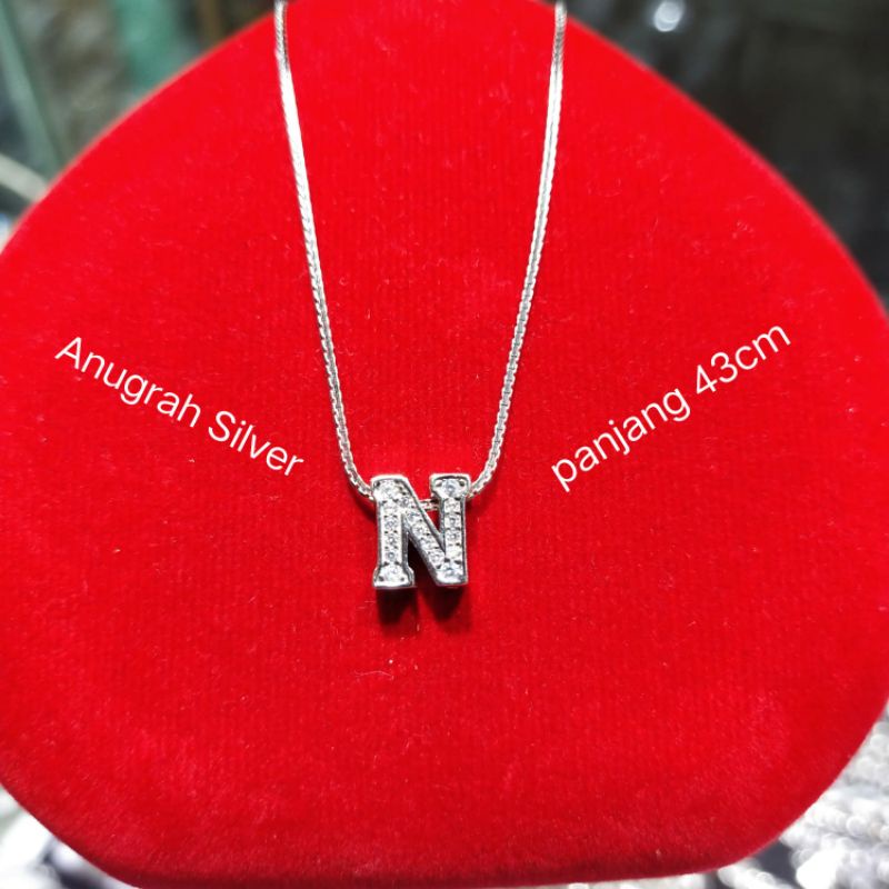 Kalung wanita italy Santa+liontin tusuk huruf (N) 43cm remaja &amp; dewasa perak asli 925 mata diamond putih kilau/Silver lapisan emas putih murni!!!