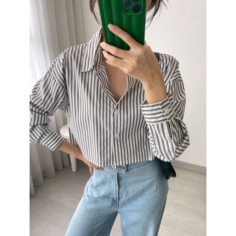 Kadaka T-0481 Crop Kemeja Wanita Stripes Tangan Panjang