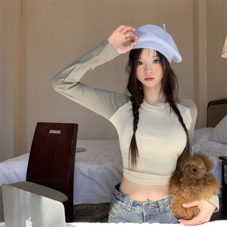 Red Rasa Hong Kong gaya manis dan pedas warna hit T-shirt lengan panjang wanita musim gugur dan musim dingin kemeja bottoming baru kecil slim slim top pendek