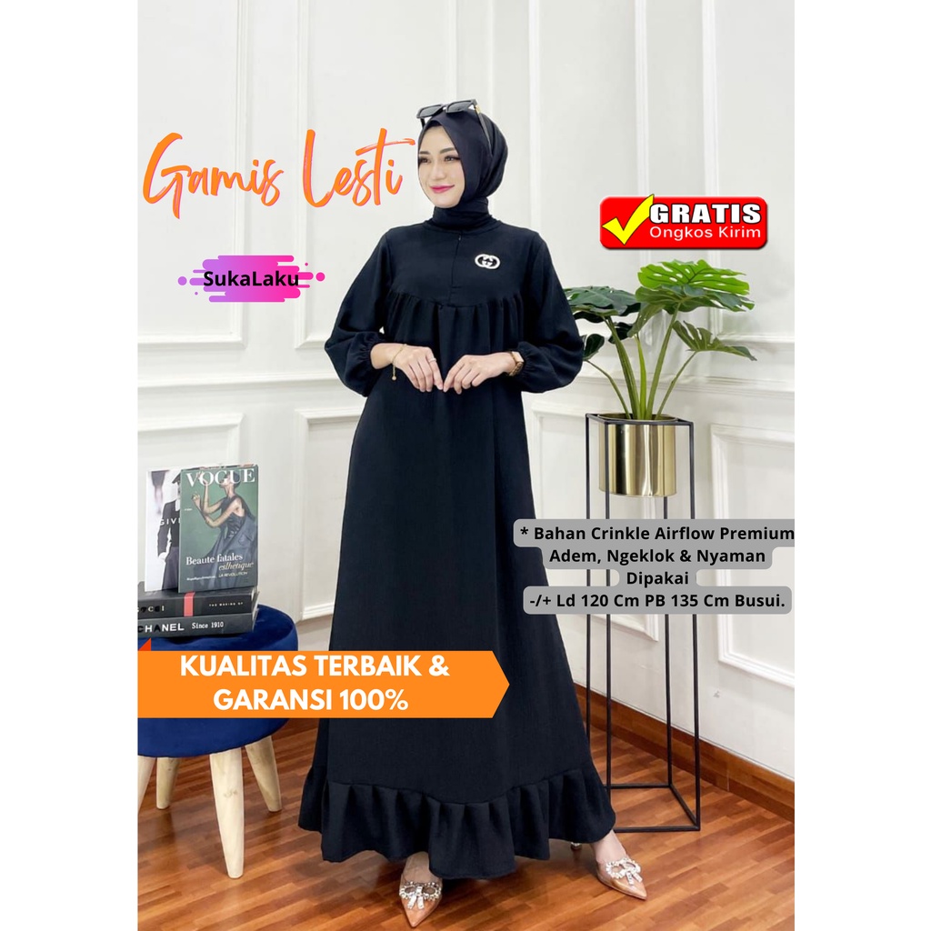 Gamis Dress Lesti Crinkle Airflow Premium Dress Wanita Jumbo Busui Soft Color Lengan Panjang Baju Wa