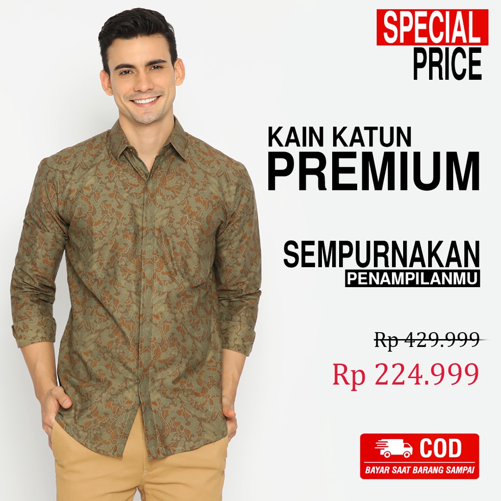 KEMEJA BATIK PRIA Lengan Panjang Slimfit Premium Warna Hijau Army 722412 Cap 72 - Baju Kemeja Atasan Pakaian Setelan Batik Pria Cowok Laki Laki Remaja Keluarga Kantor Lengan Panjang Modern Slimfit Slim Fit Premium Kekinian