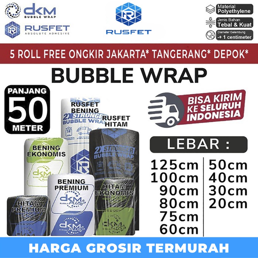 

Plastik Bubble Wrap Packing 50M DKM+ RUSFET Bubblewrap TEBAL ROLL