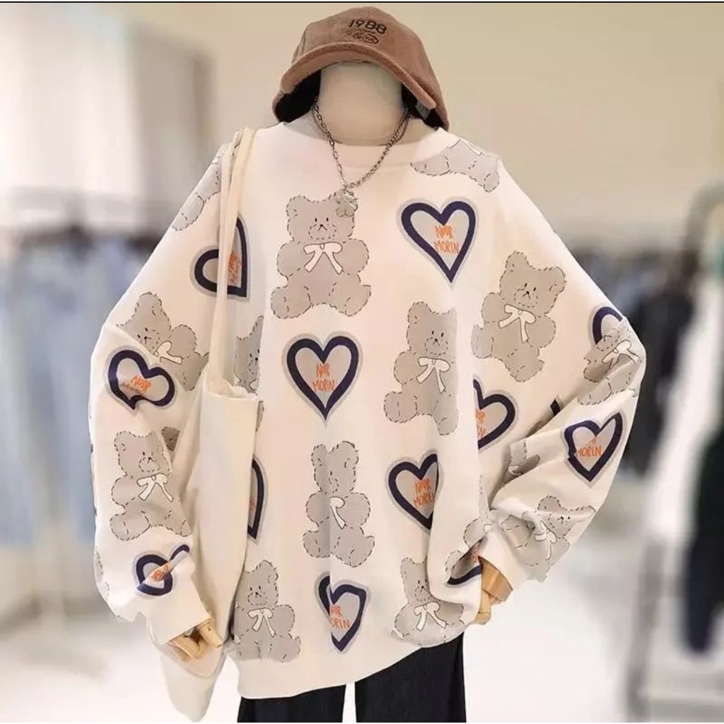 LOVE BEAR FULL PRINT SWEATER WANITA | CREWNECK SWEATER OVERSIZE WANITA KOREAN STYLE