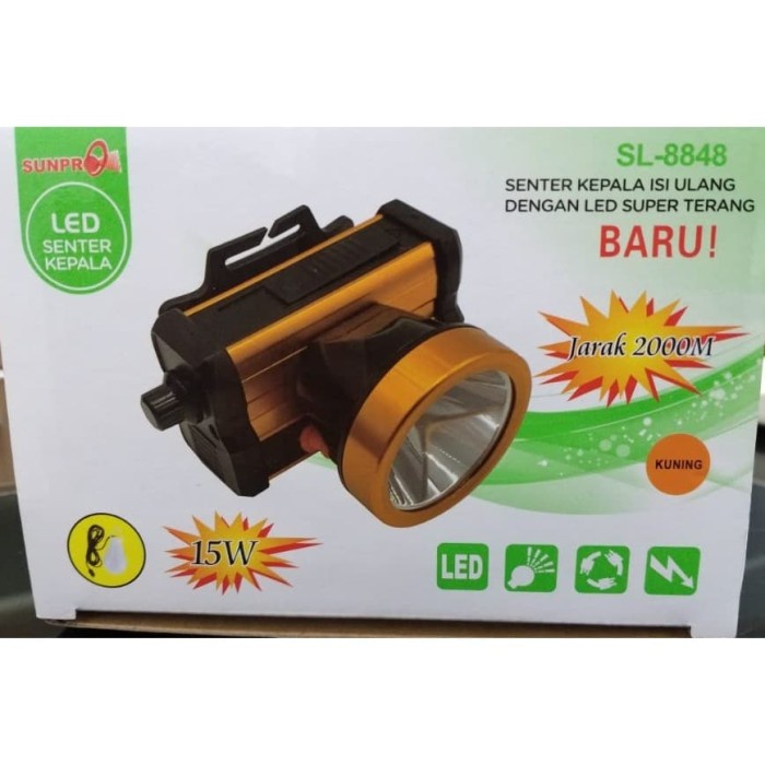 Senter Kepala Headlamp Sunpro Sl-8848 A Putih 15 Watt Charger